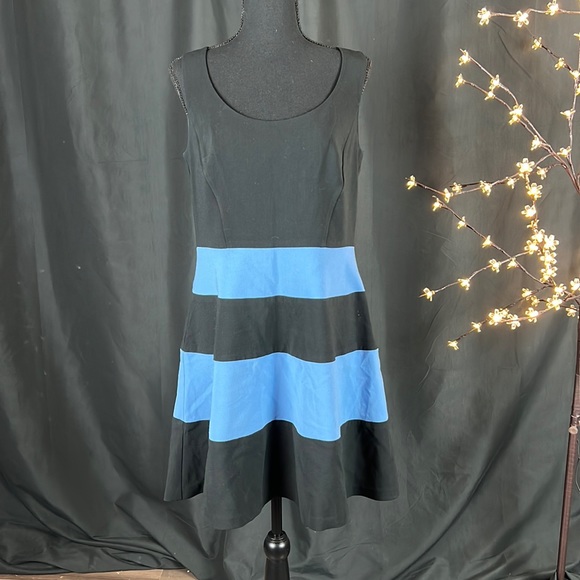 Loft Blue and Black Striped Flare Dress - Picture 1 of 4